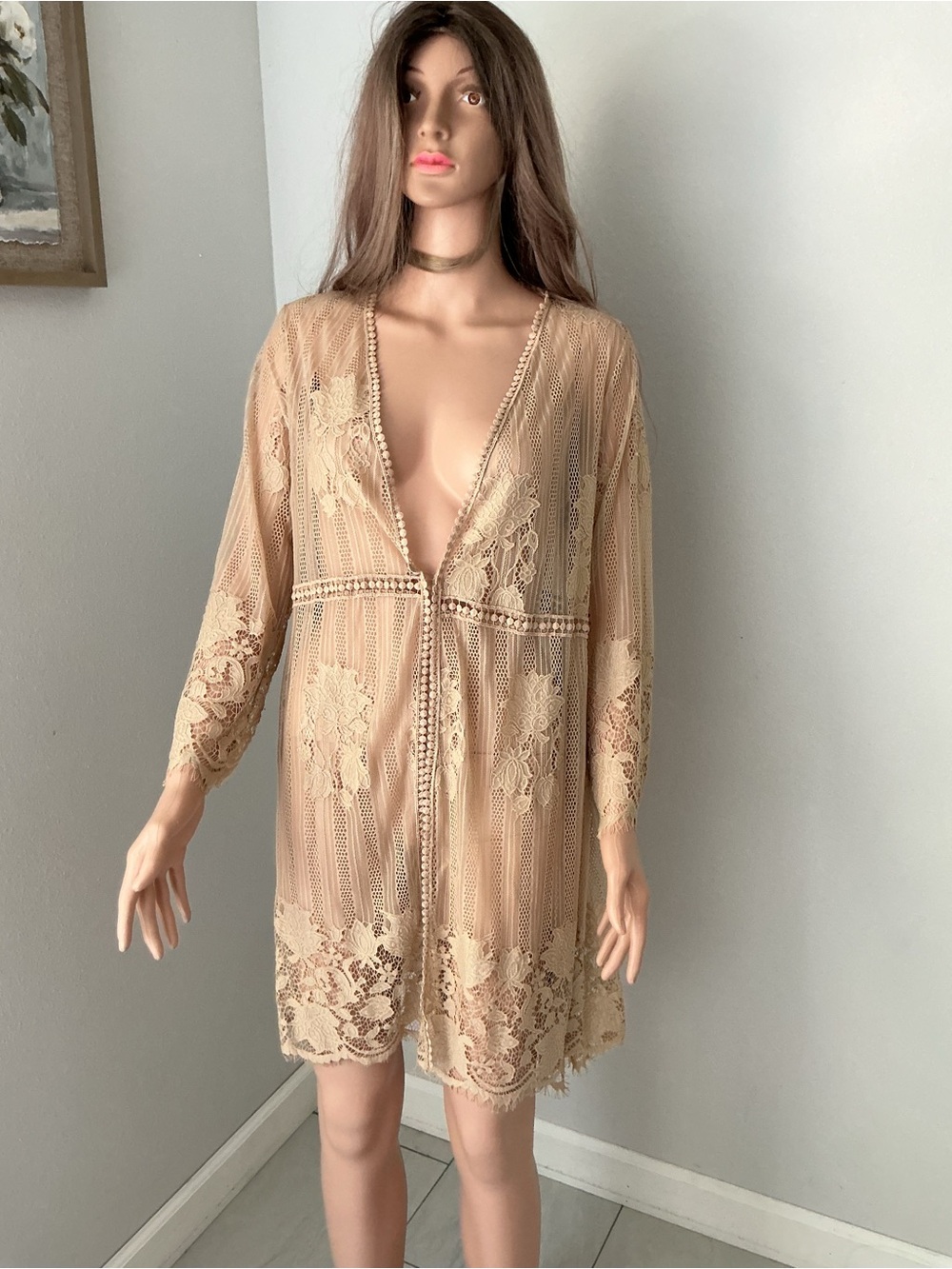 Miss Chievous Sheer Lace Robe in Tan size M r